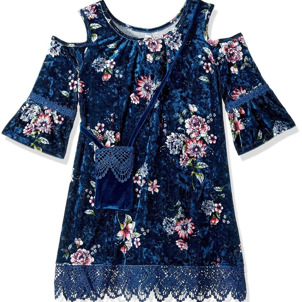 BEAUTEES Velvet Cold Shoulder Floral Crochet Dress + Purse Navy‎ Blue 12 16